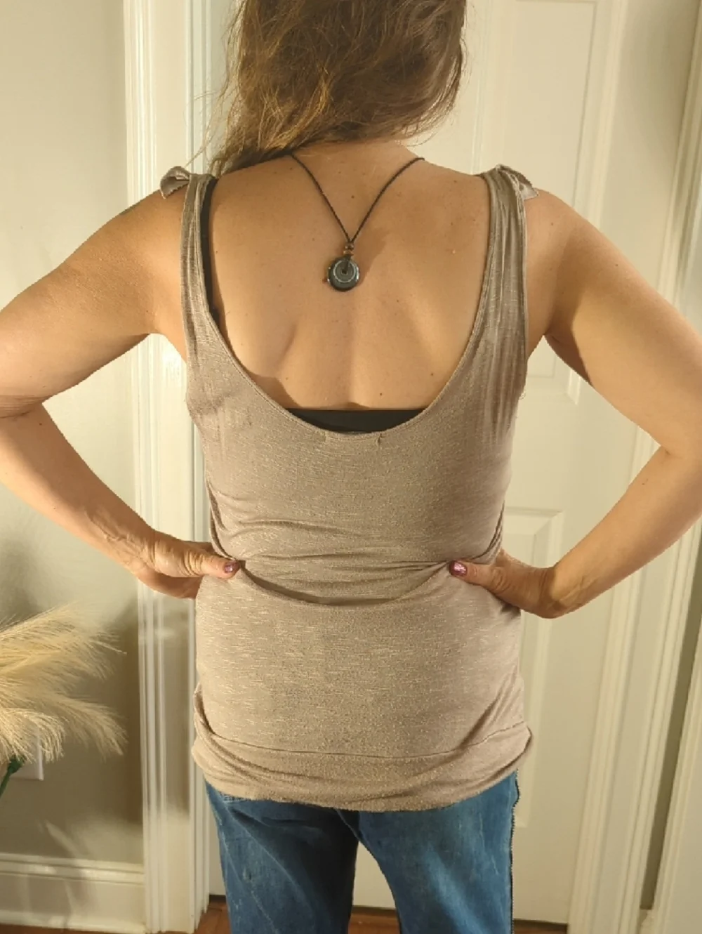 Women’s Taupe Ruffle Front Tank Top - Picture 2 of 3